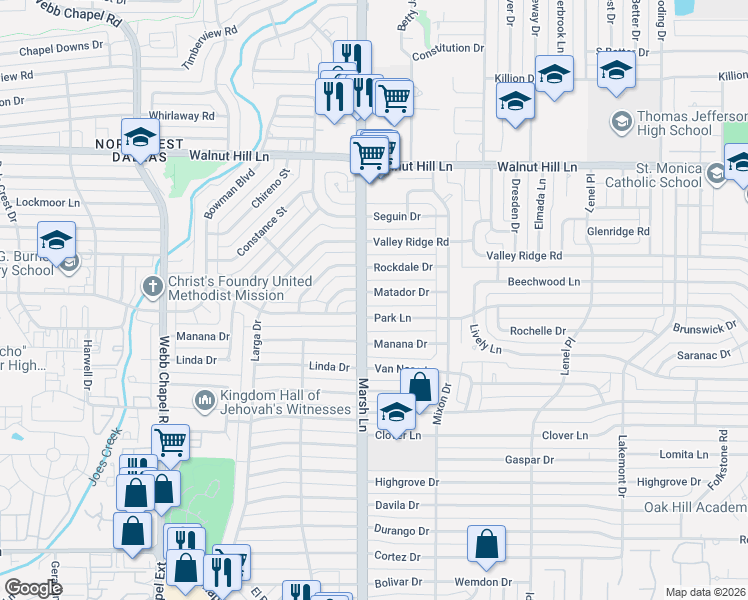 map of restaurants, bars, coffee shops, grocery stores, and more near 3722 Matador Drive in Dallas