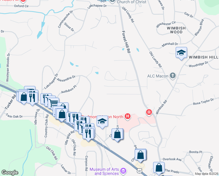 map of restaurants, bars, coffee shops, grocery stores, and more near 4242 Laura Ann Place in Macon