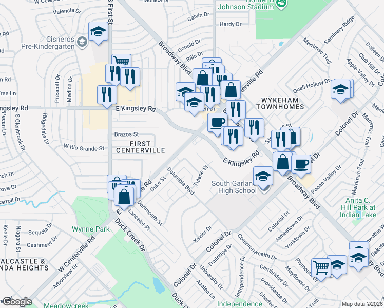map of restaurants, bars, coffee shops, grocery stores, and more near 3405 Syracuse Drive in Garland