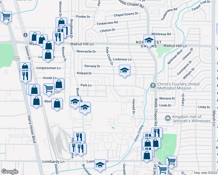 map of restaurants, bars, coffee shops, grocery stores, and more near 3152 Valley Meadow Drive in Dallas