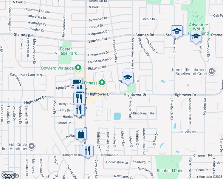 map of restaurants, bars, coffee shops, grocery stores, and more near 6889 Hightower Drive in North Richland Hills