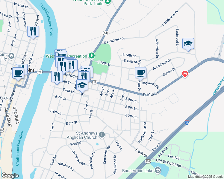 map of restaurants, bars, coffee shops, grocery stores, and more near 1004 East 10th Street in West Point