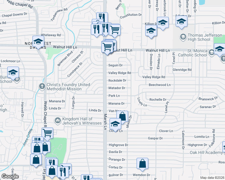 map of restaurants, bars, coffee shops, grocery stores, and more near 3722 Matador Drive in Dallas