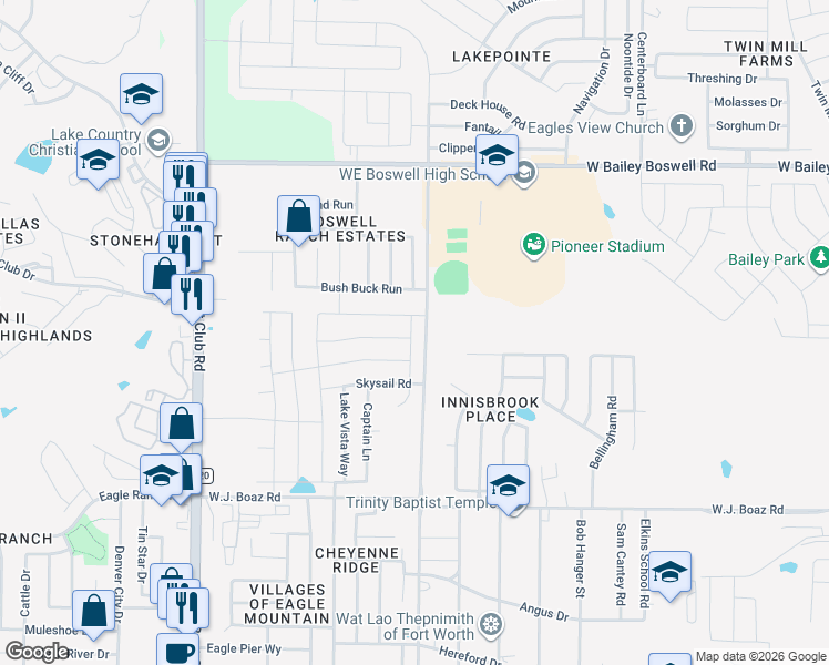 map of restaurants, bars, coffee shops, grocery stores, and more near 8004 Spritsail Lane in Fort Worth