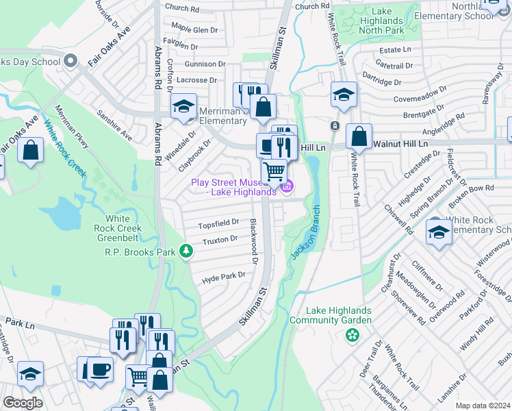 map of restaurants, bars, coffee shops, grocery stores, and more near 7056 Blackwood Drive in Dallas