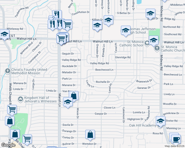 map of restaurants, bars, coffee shops, grocery stores, and more near 3851 Park Lane in Dallas