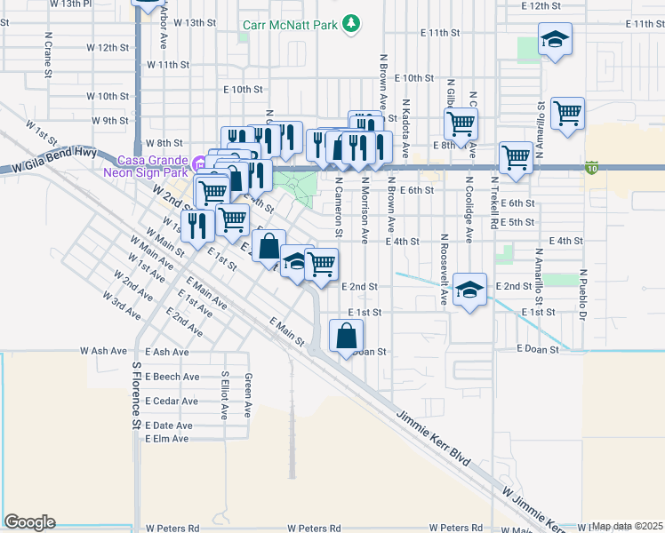 map of restaurants, bars, coffee shops, grocery stores, and more near 221 North Cameron Street in Casa Grande
