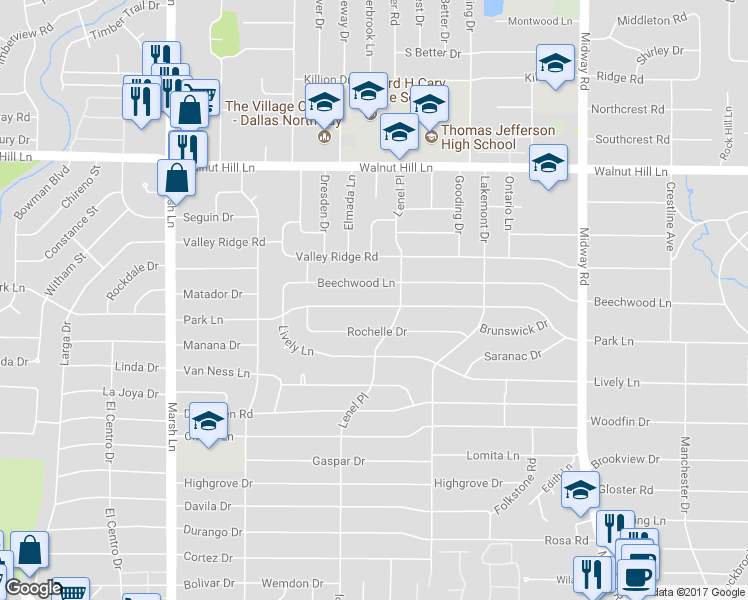 map of restaurants, bars, coffee shops, grocery stores, and more near 3971 Park Lane in Dallas