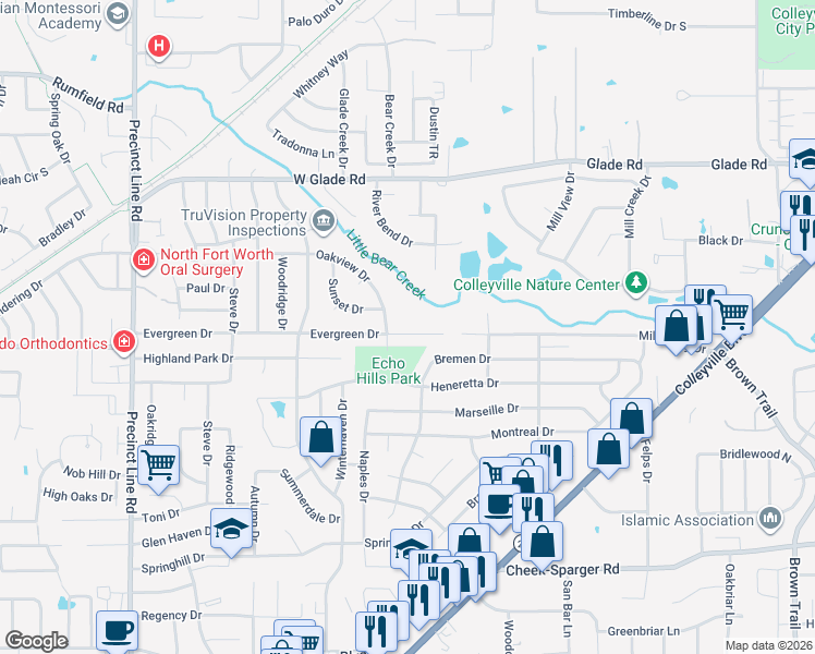 map of restaurants, bars, coffee shops, grocery stores, and more near 408 Evergreen Drive in Hurst