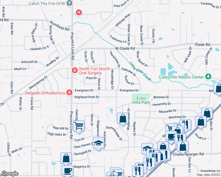 map of restaurants, bars, coffee shops, grocery stores, and more near 3101 Woodridge Drive in Hurst