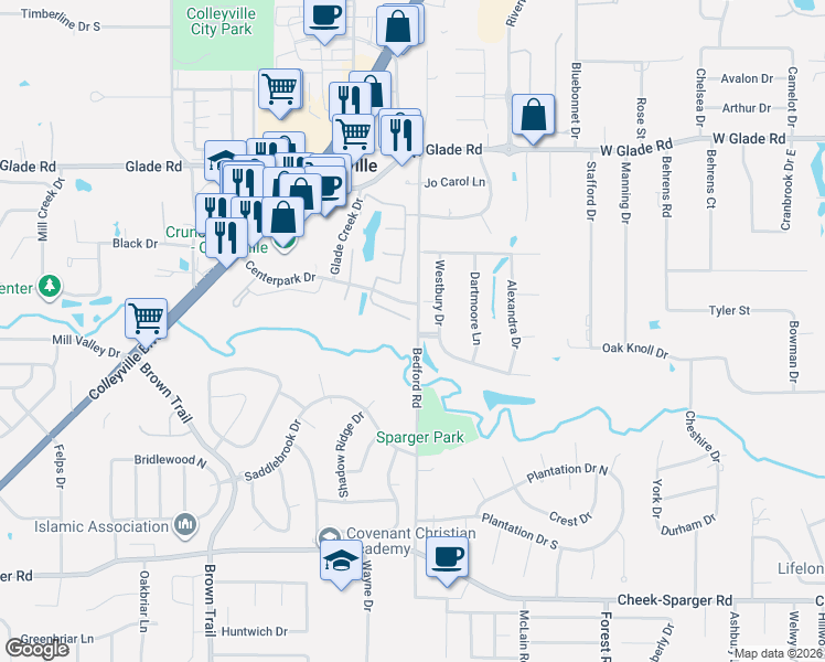 map of restaurants, bars, coffee shops, grocery stores, and more near 1029 Lakeridge Court in Colleyville