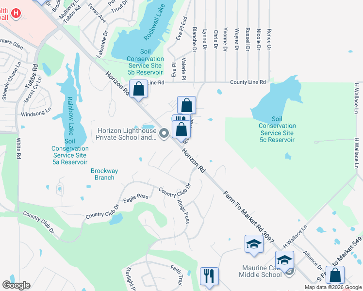map of restaurants, bars, coffee shops, grocery stores, and more near 5737 Horizon Road in Rockwall