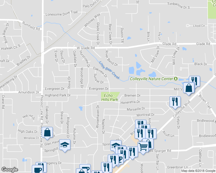 map of restaurants, bars, coffee shops, grocery stores, and more near 428 Evergreen Drive in Hurst