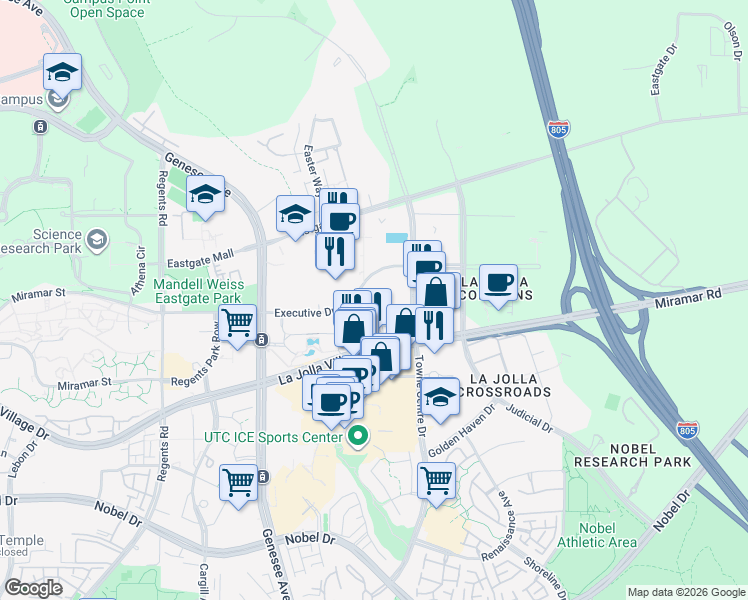 map of restaurants, bars, coffee shops, grocery stores, and more near 4555 Executive Drive in San Diego