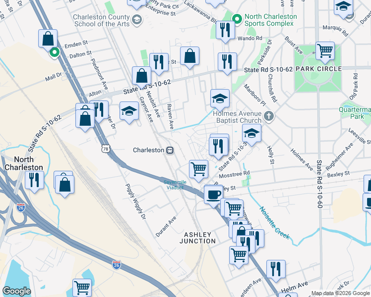 map of restaurants, bars, coffee shops, grocery stores, and more near 1770 Hock Avenue in North Charleston
