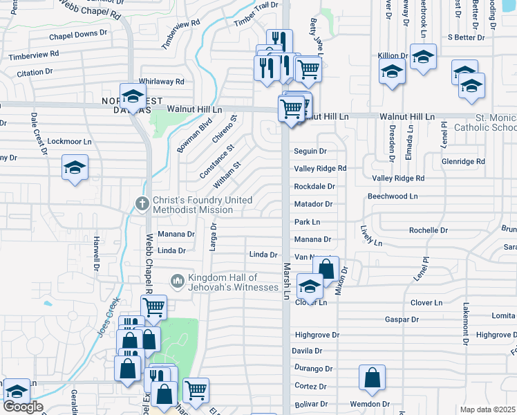 map of restaurants, bars, coffee shops, grocery stores, and more near 3609 Matador Dr in Dallas