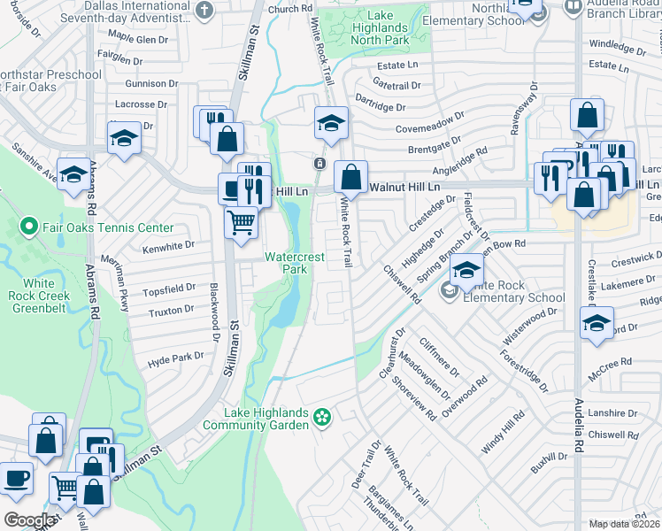 map of restaurants, bars, coffee shops, grocery stores, and more near 9525 White Rock Trail in Dallas
