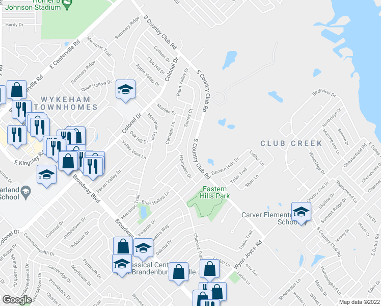 map of restaurants, bars, coffee shops, grocery stores, and more near 3301 South Country Club Road in Garland