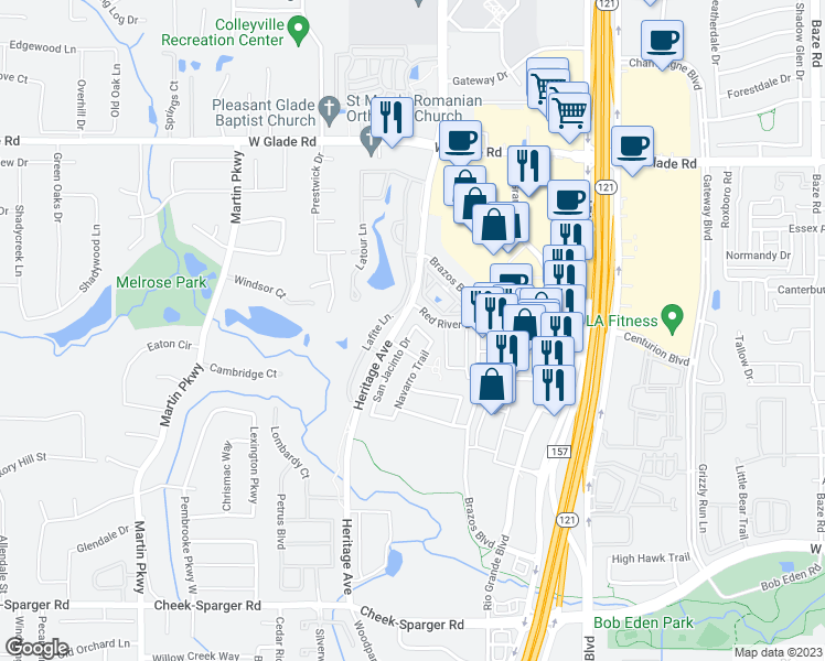map of restaurants, bars, coffee shops, grocery stores, and more near 2705 San Jacinto Drive in Euless