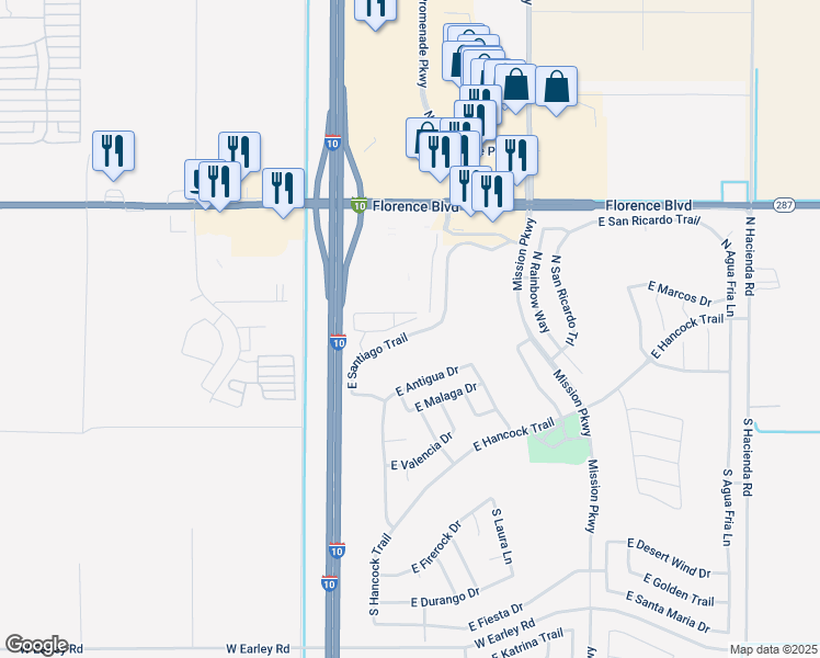 map of restaurants, bars, coffee shops, grocery stores, and more near 2394 East Santiago Trail in Casa Grande