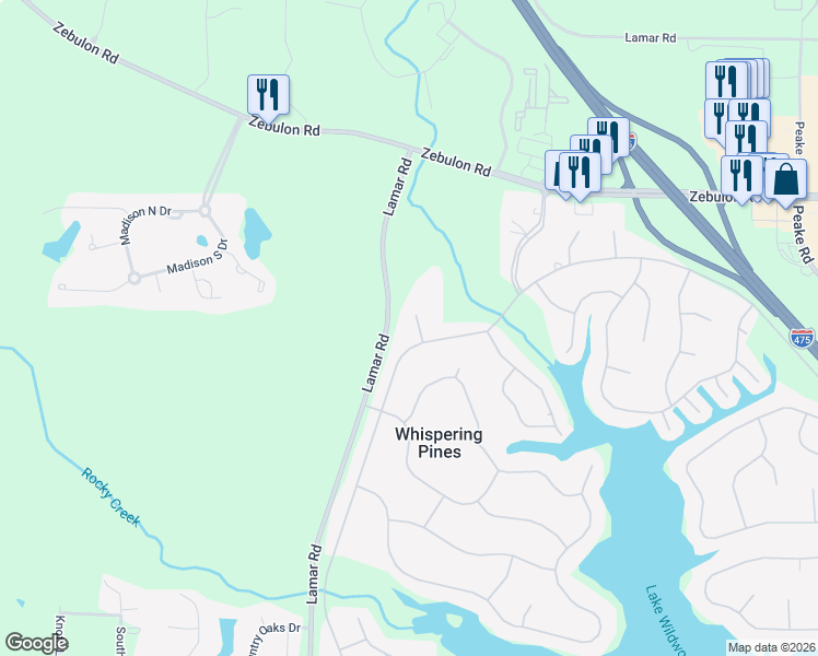 map of restaurants, bars, coffee shops, grocery stores, and more near 1315 Monterey Court in Macon