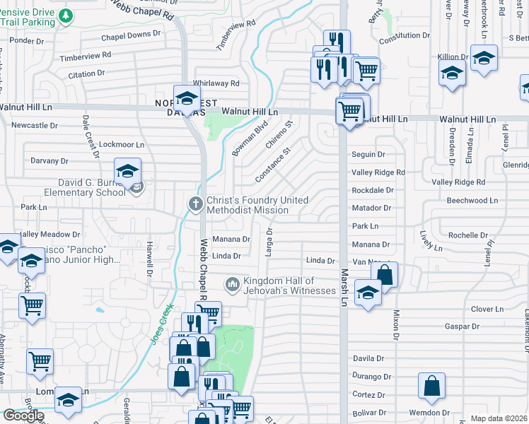 map of restaurants, bars, coffee shops, grocery stores, and more near 3511 Park Lane in Dallas