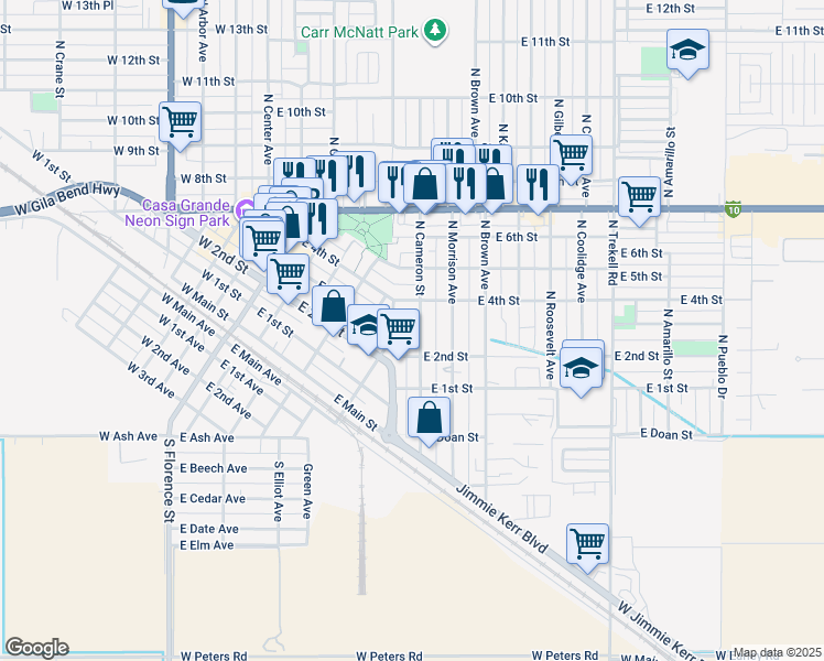 map of restaurants, bars, coffee shops, grocery stores, and more near 221 North Cameron Street in Casa Grande