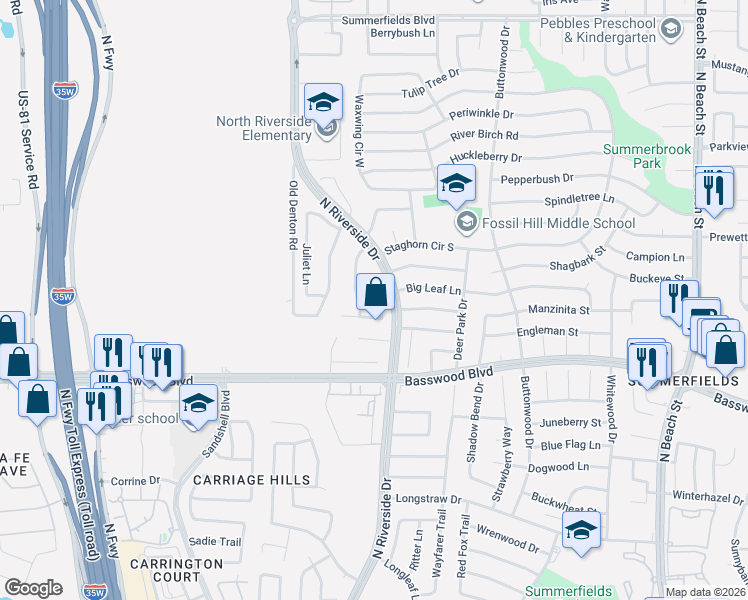 map of restaurants, bars, coffee shops, grocery stores, and more near 7409 Crosswicks Circle in Fort Worth