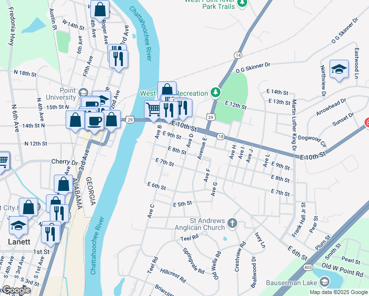 map of restaurants, bars, coffee shops, grocery stores, and more near 315 East 8th Street in West Point