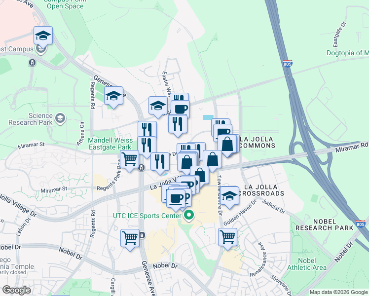 map of restaurants, bars, coffee shops, grocery stores, and more near 4473 Executive Drive in San Diego