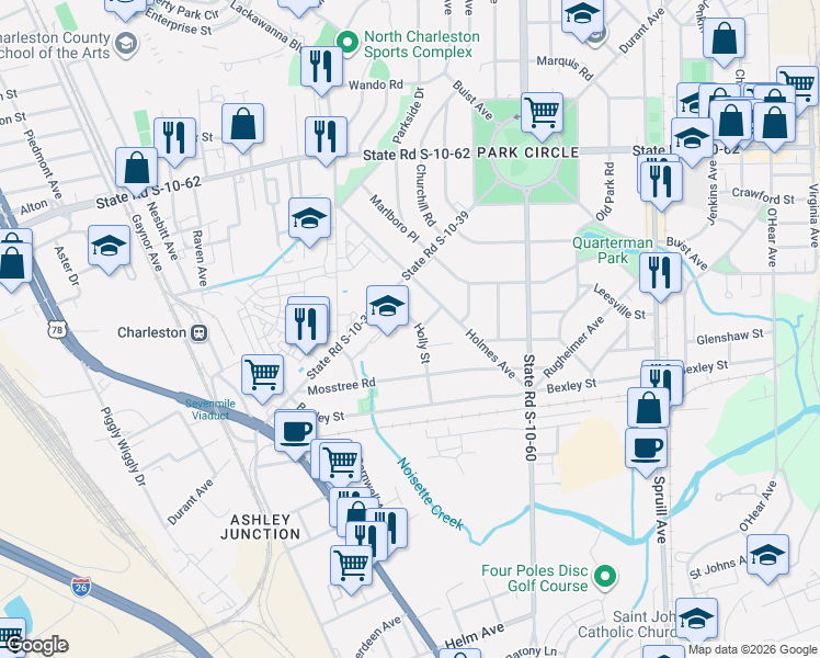map of restaurants, bars, coffee shops, grocery stores, and more near 4542 Simms Street in North Charleston
