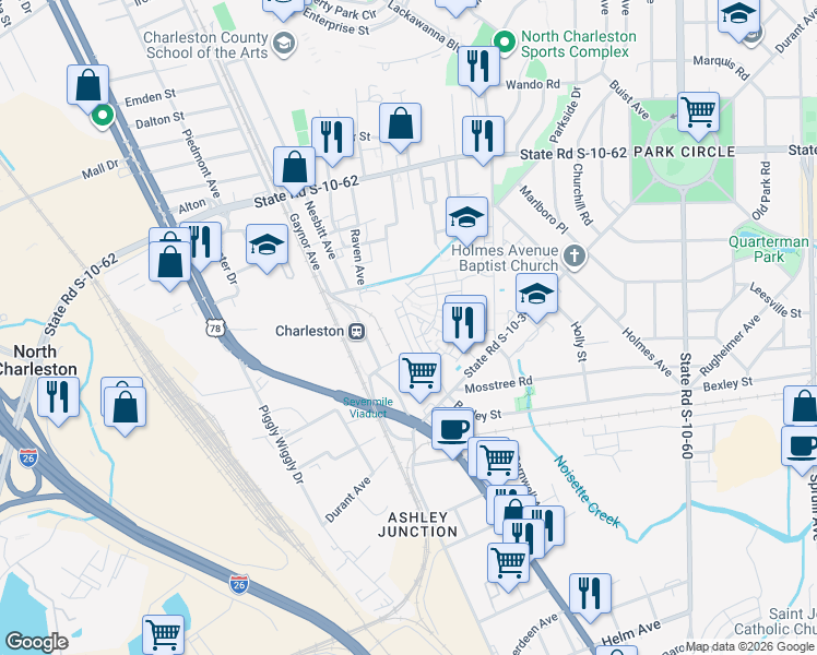 map of restaurants, bars, coffee shops, grocery stores, and more near 1770 Hock Avenue in North Charleston