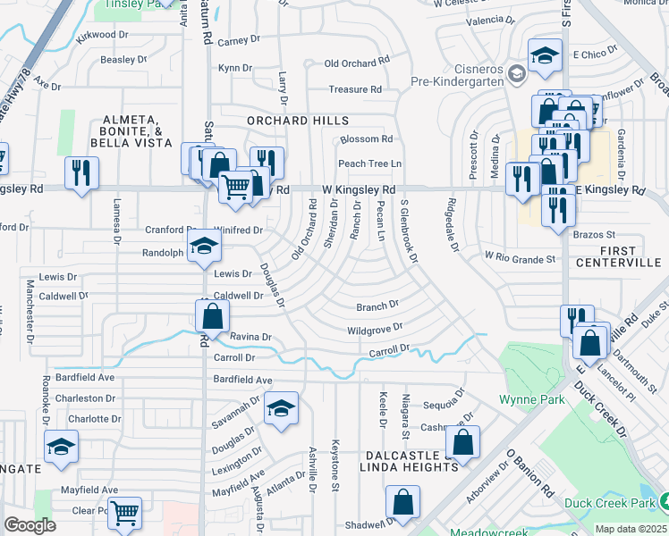 map of restaurants, bars, coffee shops, grocery stores, and more near 3313 Ranch Drive in Garland