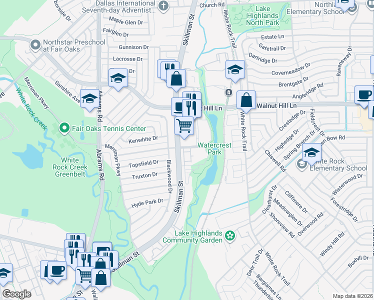 map of restaurants, bars, coffee shops, grocery stores, and more near 4 Watercrest Parkway in Dallas