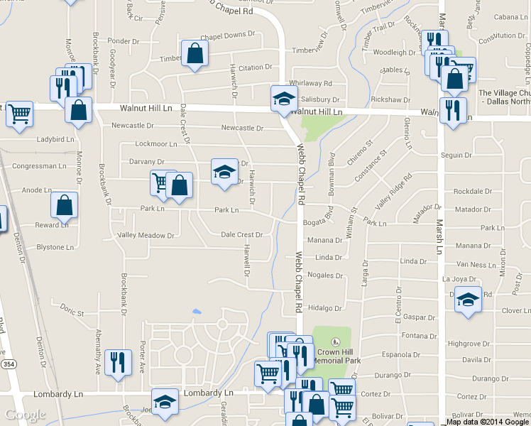 map of restaurants, bars, coffee shops, grocery stores, and more near 3210 Park Lane in Dallas