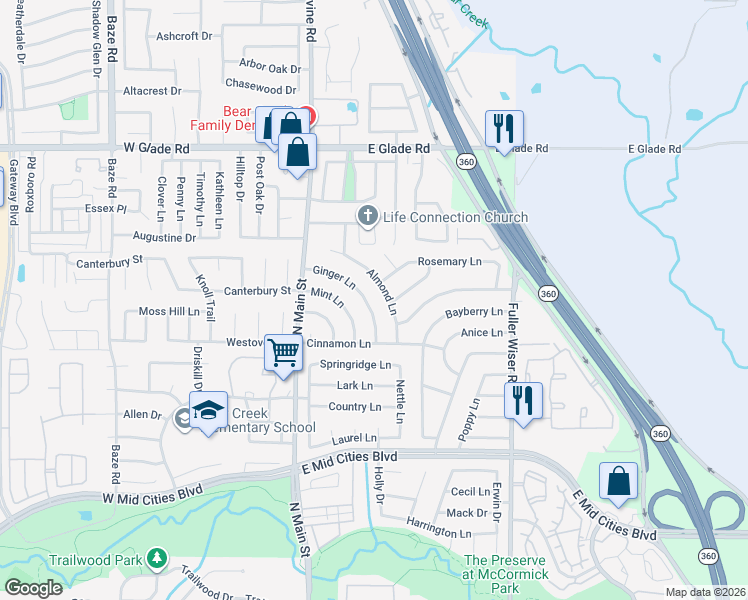 map of restaurants, bars, coffee shops, grocery stores, and more near 212 Ginger Lane in Euless