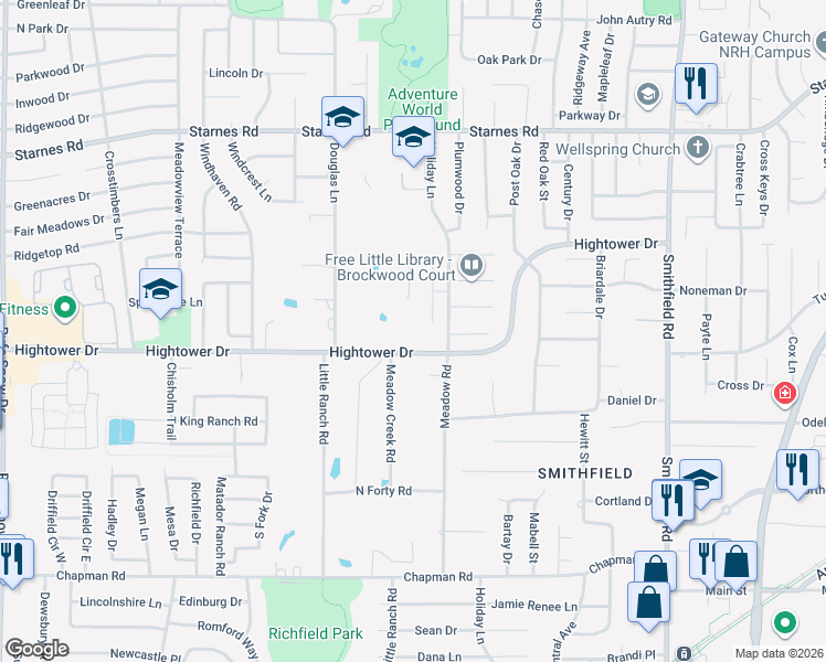 map of restaurants, bars, coffee shops, grocery stores, and more near 7421 Hightower Drive in North Richland Hills