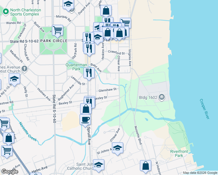 map of restaurants, bars, coffee shops, grocery stores, and more near 1064 Glenshaw Street in North Charleston