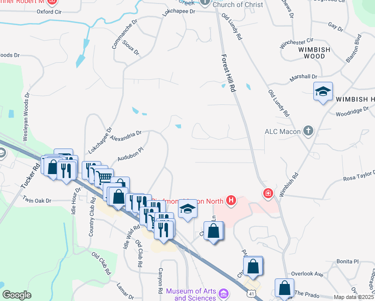 map of restaurants, bars, coffee shops, grocery stores, and more near 4270 Laura Ann Place in Macon