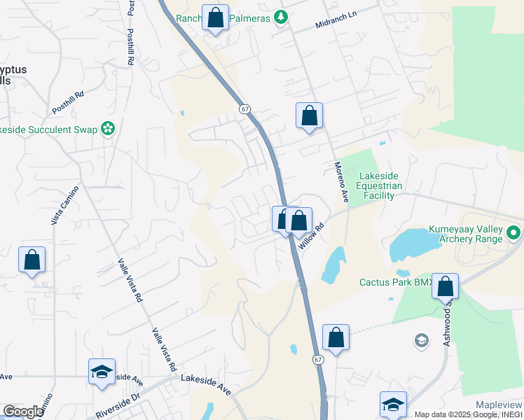 map of restaurants, bars, coffee shops, grocery stores, and more near 10880 California 67 in Lakeside