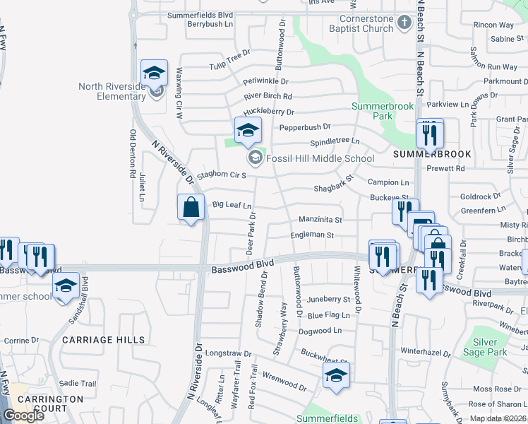 map of restaurants, bars, coffee shops, grocery stores, and more near 3904 Big Leaf Lane in Fort Worth