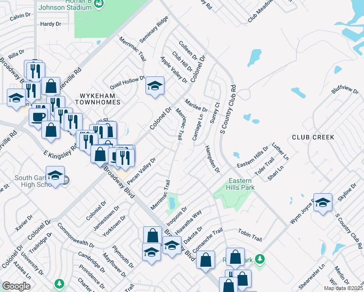 map of restaurants, bars, coffee shops, grocery stores, and more near 1510 Merrimac Trail in Garland