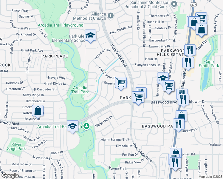 map of restaurants, bars, coffee shops, grocery stores, and more near 7517 Point Reyes Drive in Fort Worth