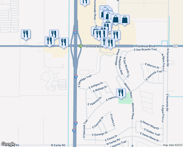 map of restaurants, bars, coffee shops, grocery stores, and more near 2394 East Santiago Trail in Casa Grande