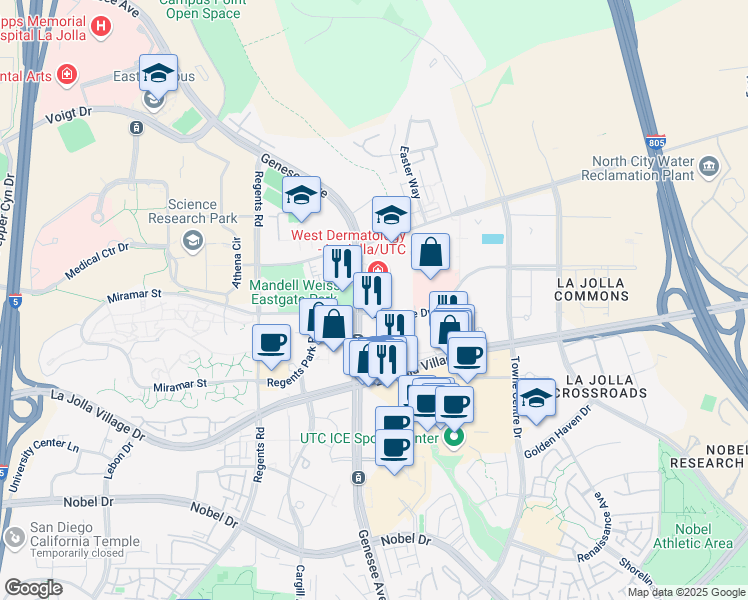 map of restaurants, bars, coffee shops, grocery stores, and more near 9333 Genesee Avenue in San Diego