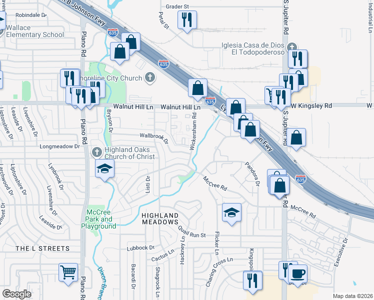 map of restaurants, bars, coffee shops, grocery stores, and more near 11063 Wallbrook Dr in Dallas