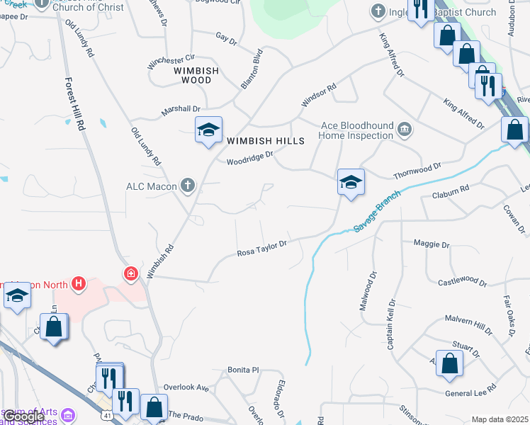 map of restaurants, bars, coffee shops, grocery stores, and more near 835 Willow Creek Drive in Macon