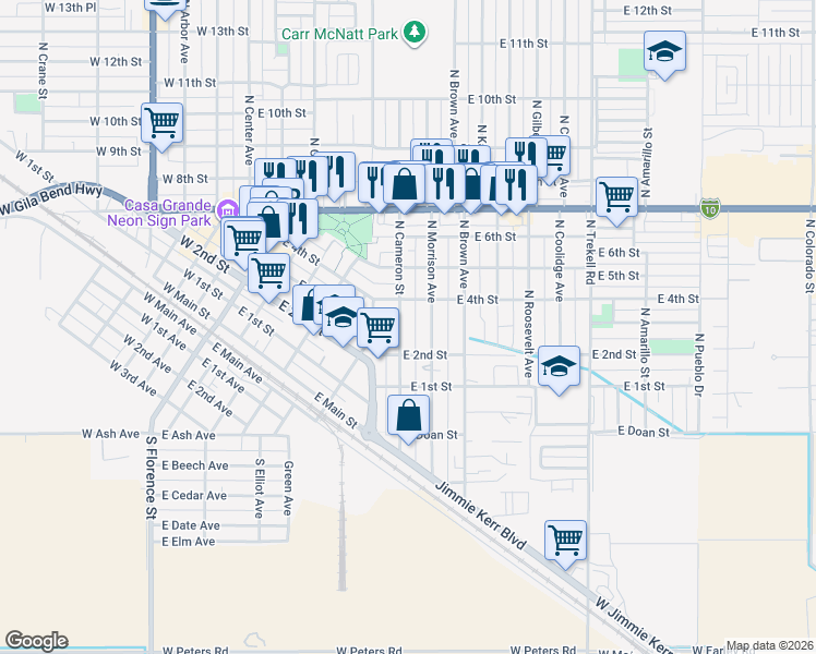 map of restaurants, bars, coffee shops, grocery stores, and more near 220 North Cameron Street in Casa Grande