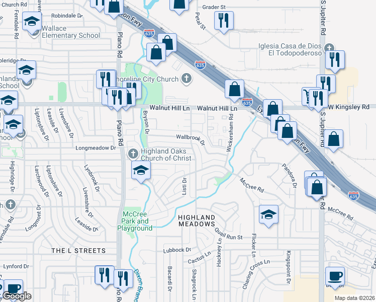 map of restaurants, bars, coffee shops, grocery stores, and more near 10954 Middle Knoll Drive in Dallas