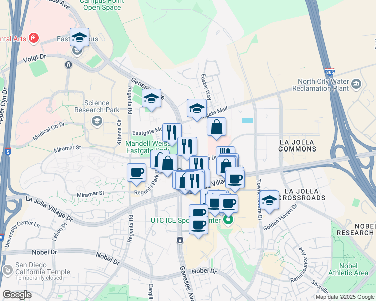 map of restaurants, bars, coffee shops, grocery stores, and more near 9333 Genesee Avenue in San Diego